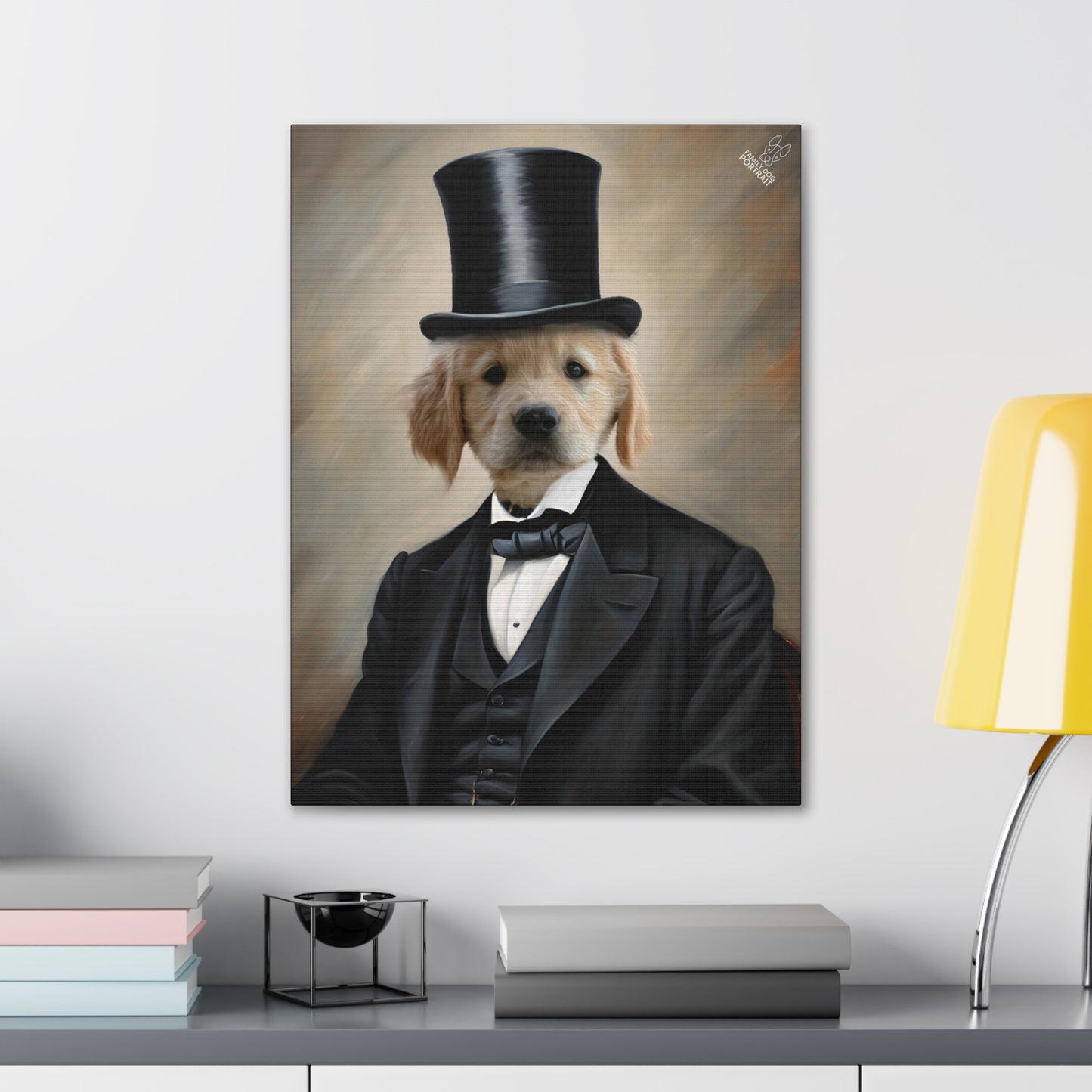 Canvas print of a dog in formal attire with a top hat on a wall above a desk.