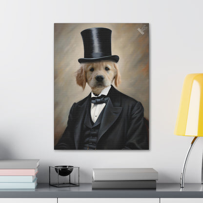 Canvas print of a dog in formal attire with a top hat on a wall above a desk.