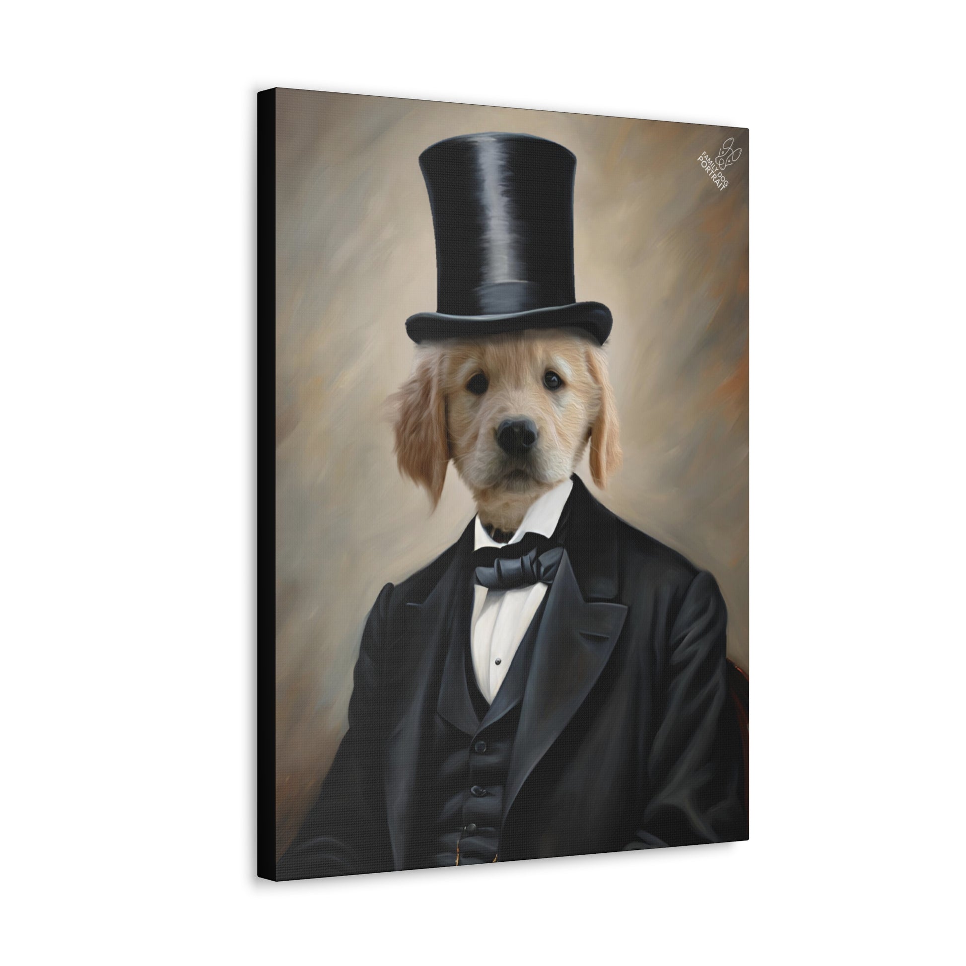 Canvas print of a dog wearing a top hat and formal suit on a white background