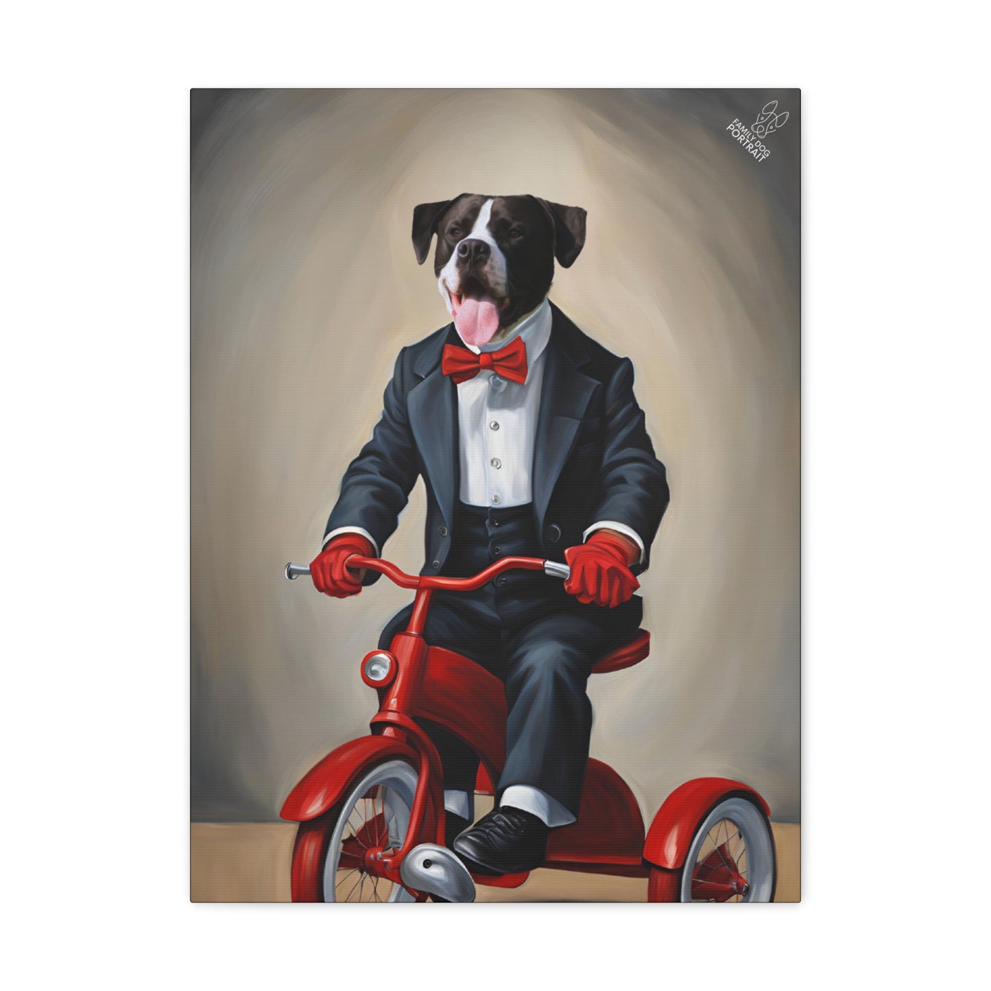 Dog in a suit riding a red tricycle with a bow tie on a beige background