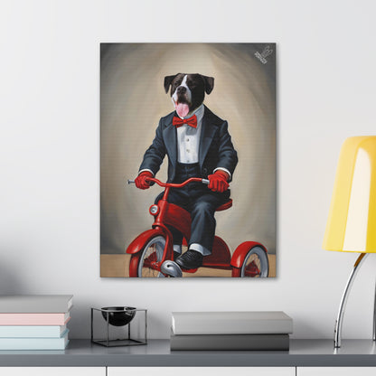 Canvas print of a dog in a suit riding a red tricycle on a wall above a shelf.
