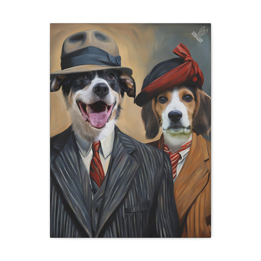Two dogs dressed in formal attire with hats and suits on a beige background