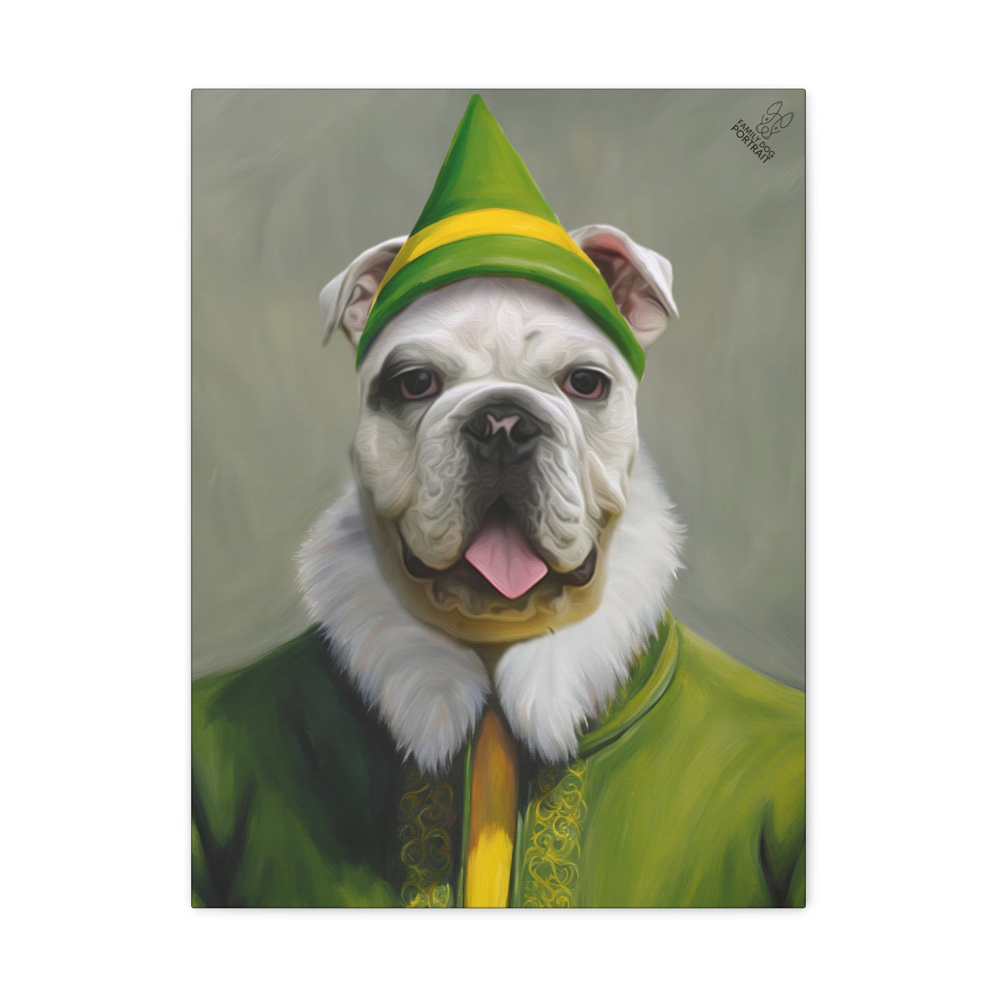 Dog wearing a green elf costume with a yellow hat on a gray background