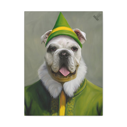 Dog wearing a green elf costume with a yellow hat on a gray background
