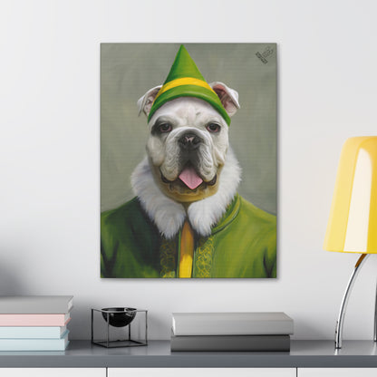 Painting of a dog in green elf costume on a wall above a desk.