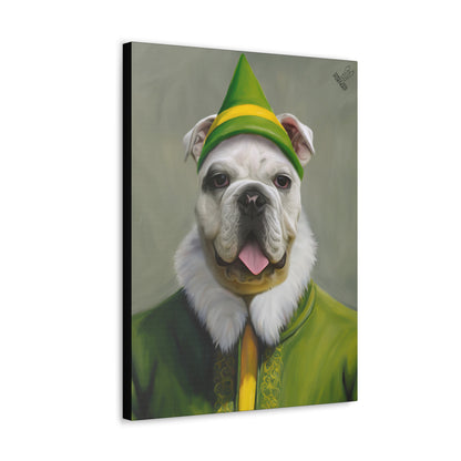 Canvas print of a dog wearing a green elf outfit with a hat on a gray background