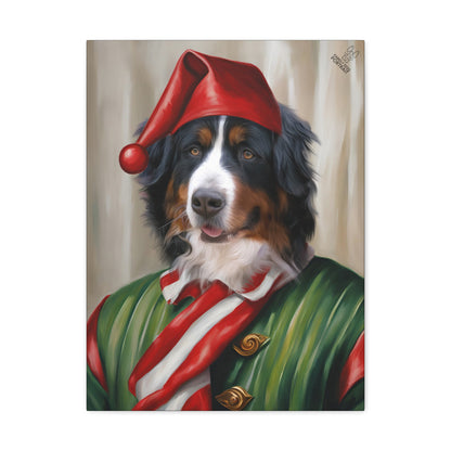 Dog wearing a red elf hat and green outfit with a white background