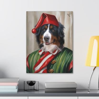 Canvas print of a dog dressed in a festive costume on a wall above a shelf.