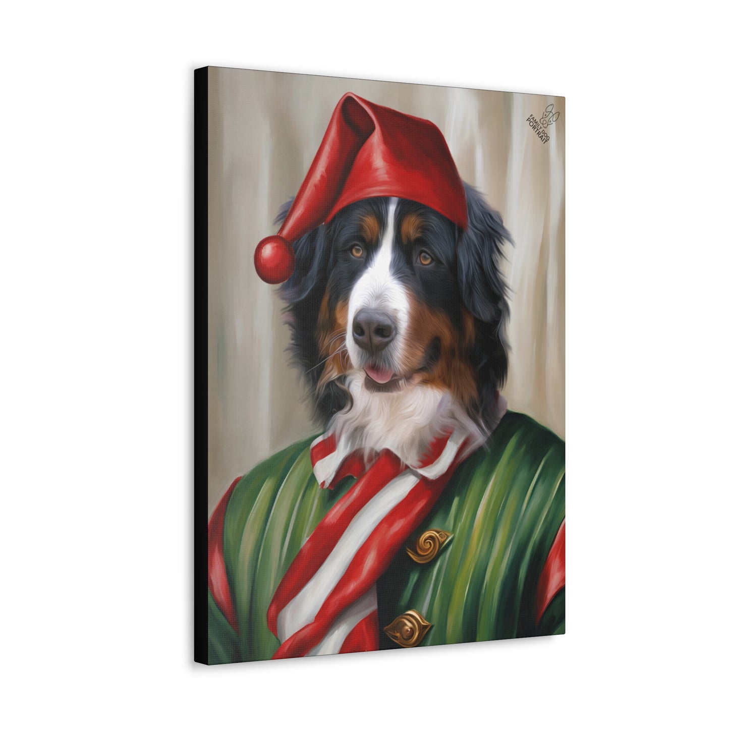 Canvas print of a dog wearing a red hat and green outfit on a beige background