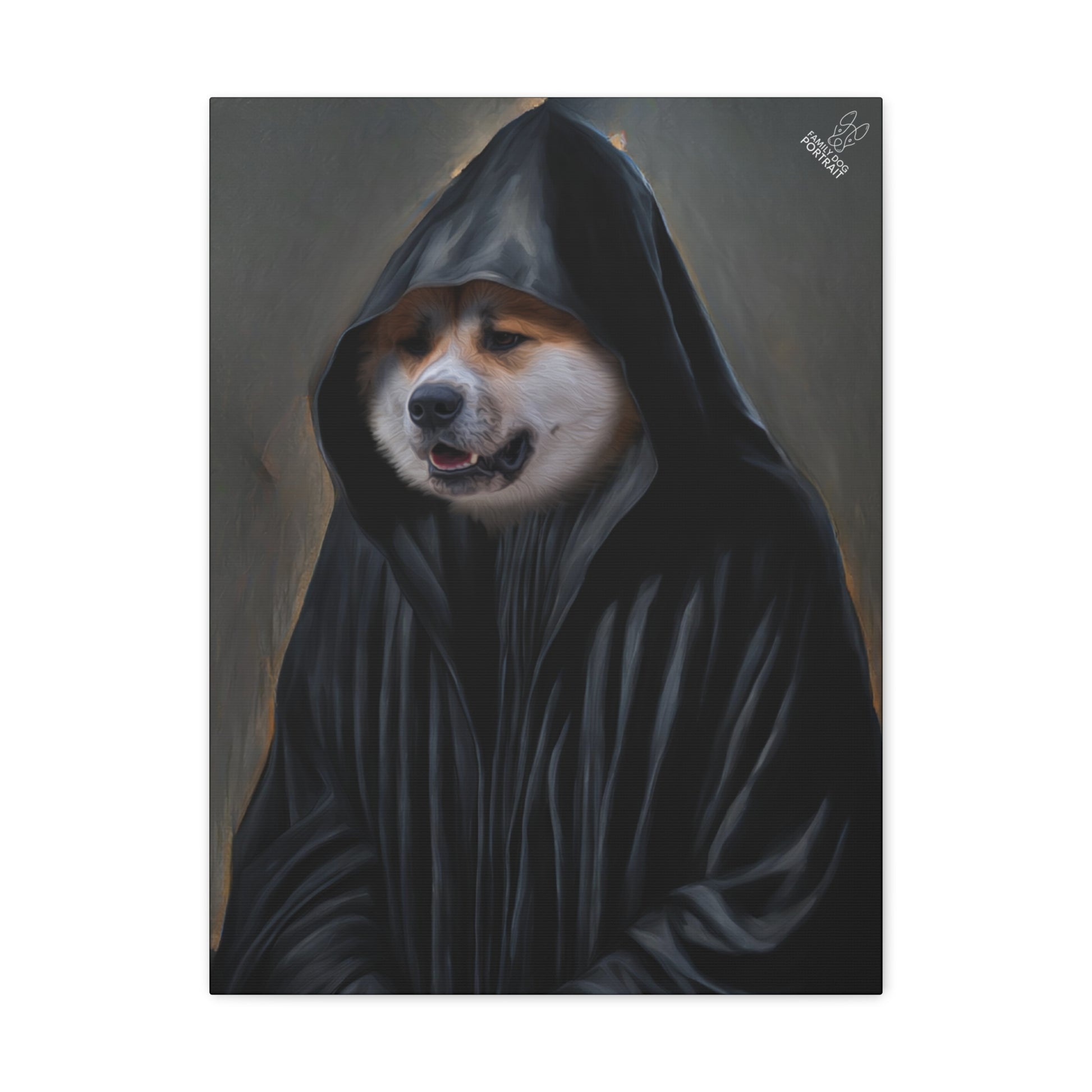 Dog wearing a dark hooded cloak on a gray background