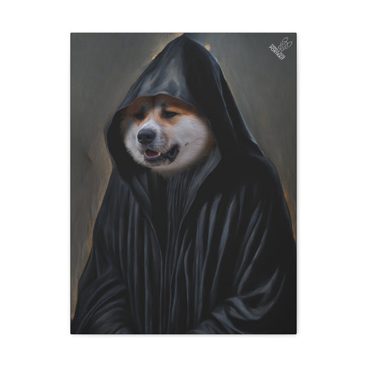 Dog wearing a dark hooded cloak on a gray background