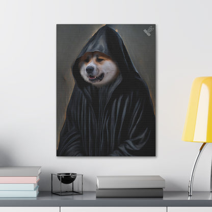Framed artwork of a dog in a hood on a wall above a desk with books and a lamp.