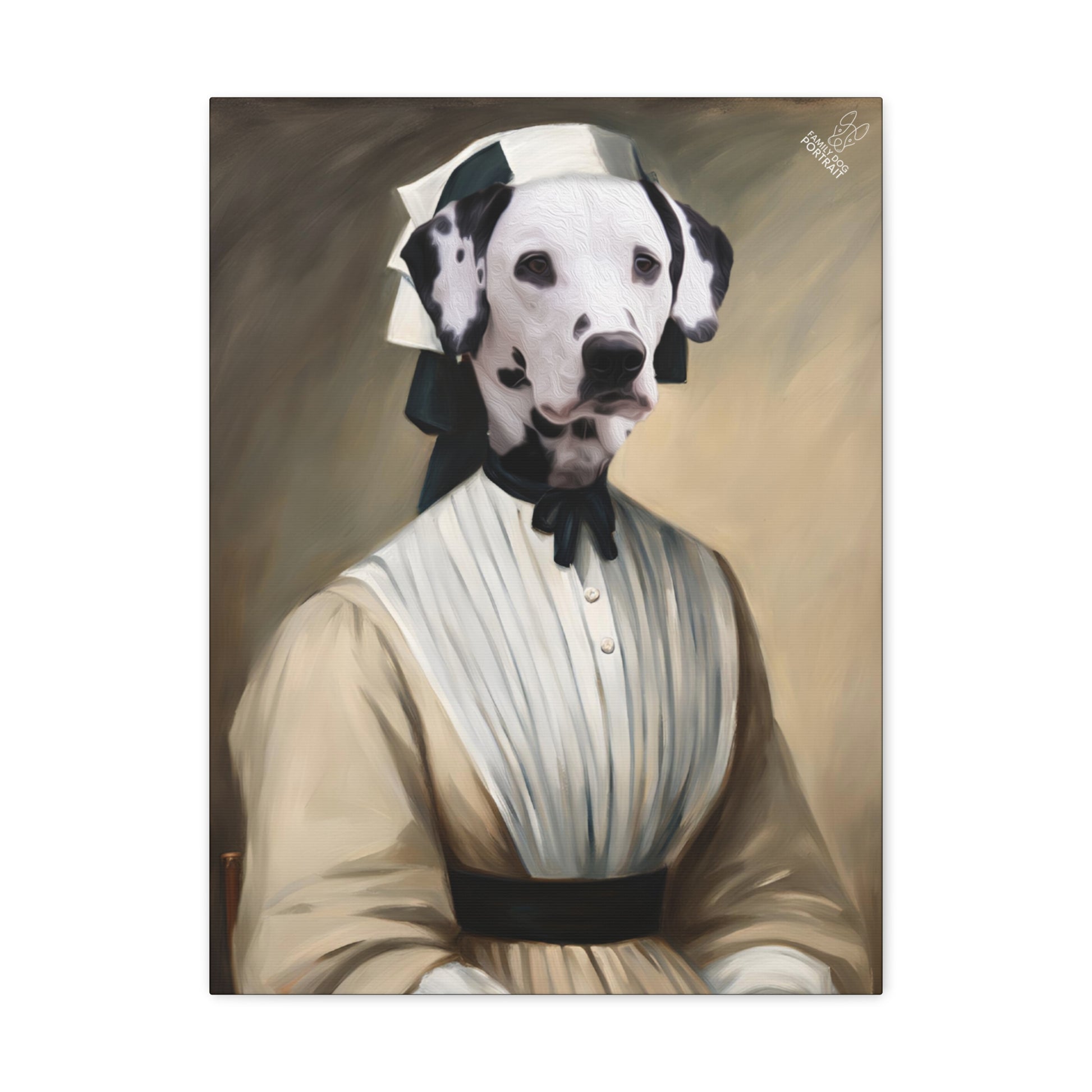 Artistic depiction of a Dalmatian dog in a historical costume with a plain background