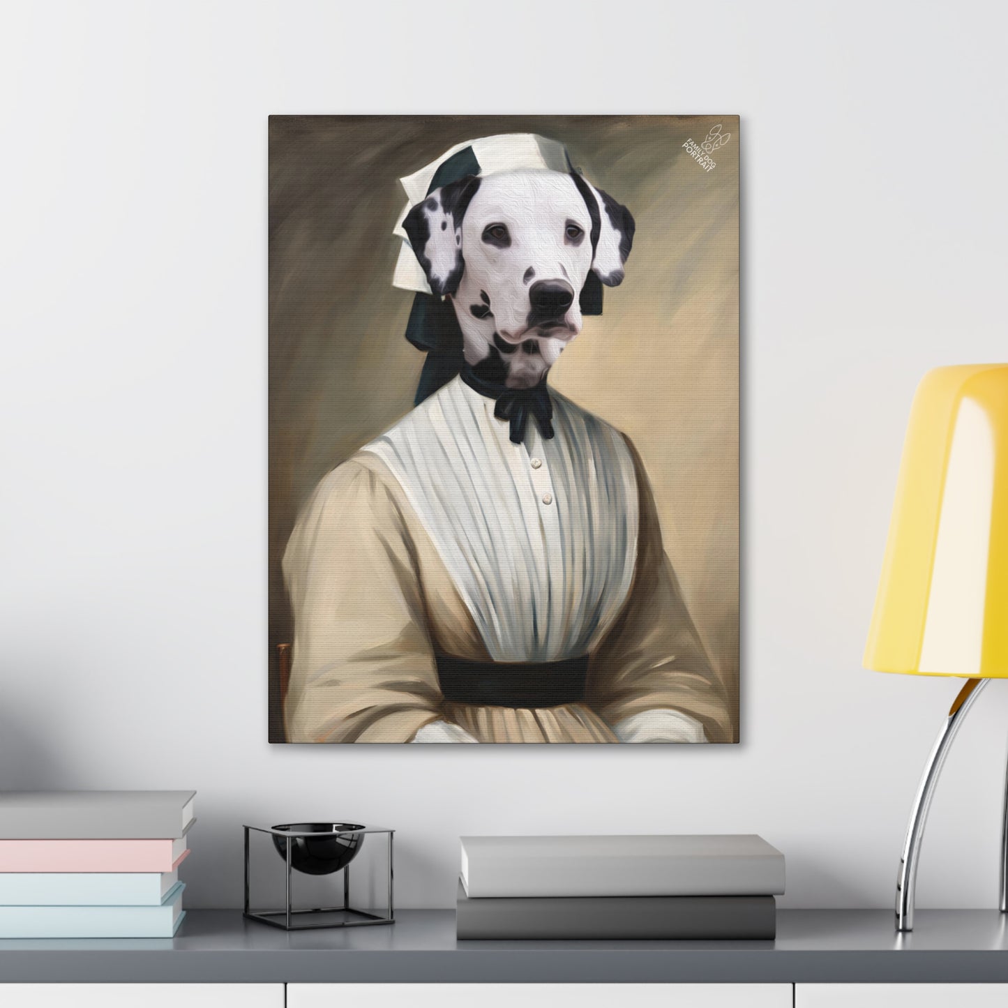 Framed artwork of a dalmatian dog in a historical costume on a wall above a desk.