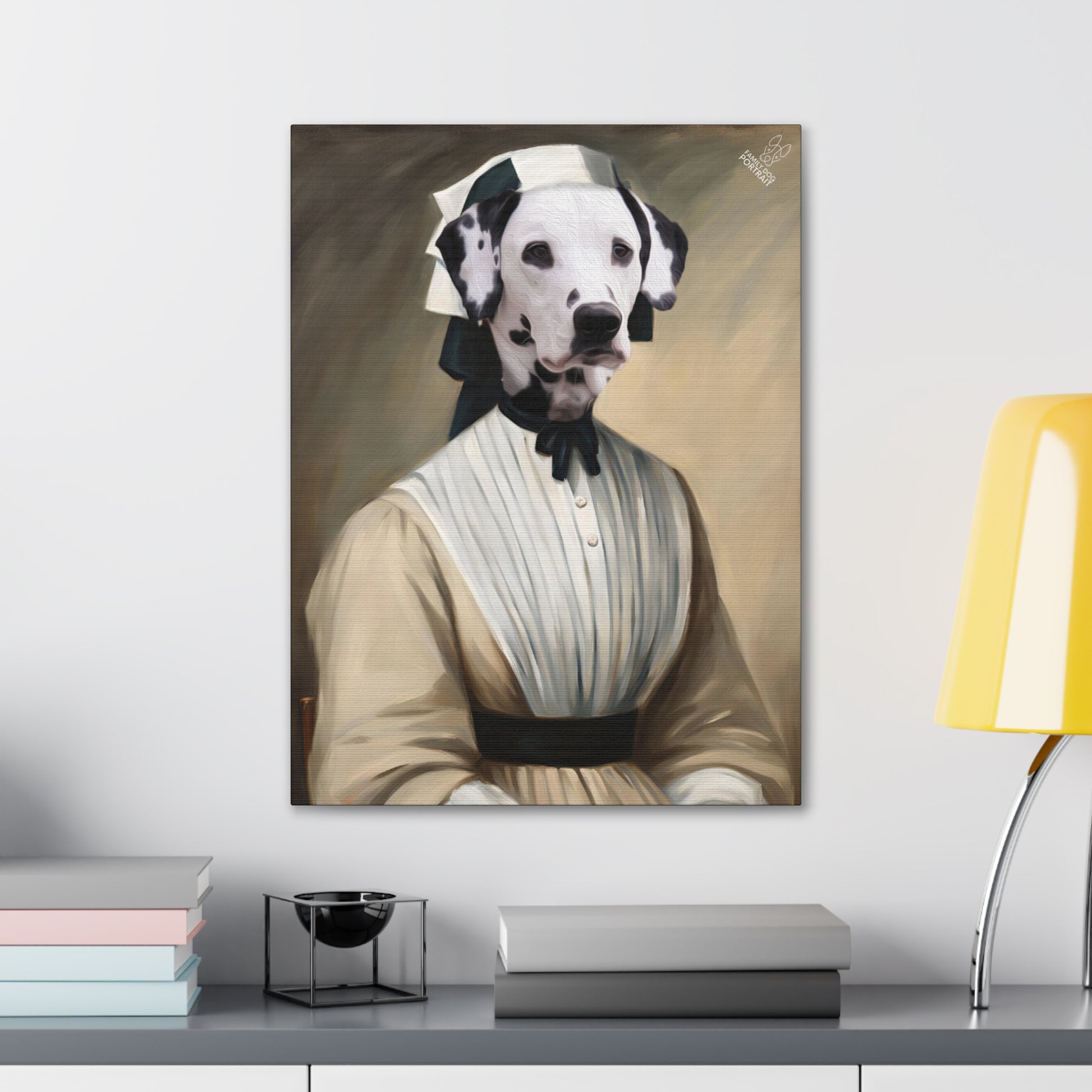 Framed artwork of a dalmatian dog in a historical costume on a wall above a desk.