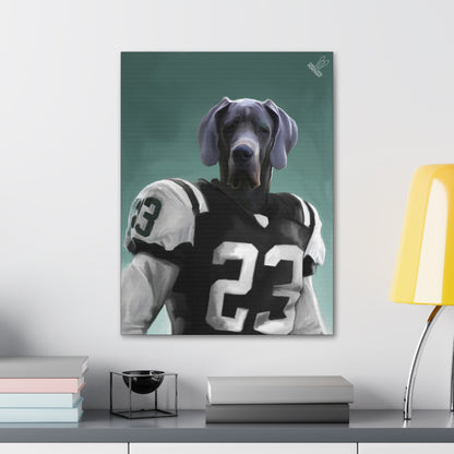 Canvas print of a dog in a sports jersey on a wall above a desk.