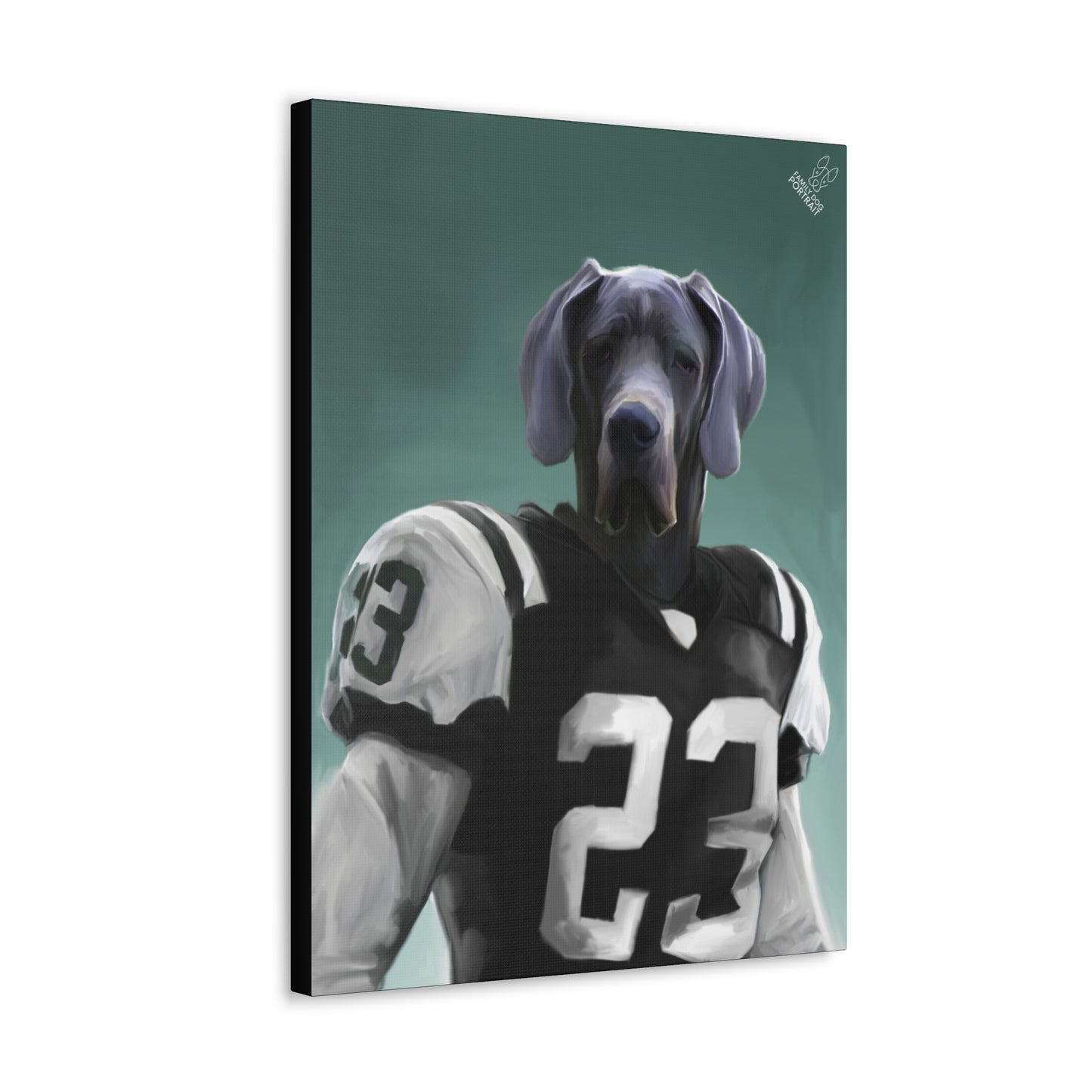 Canvas print of a dog wearing a sports jersey with a number on a green background