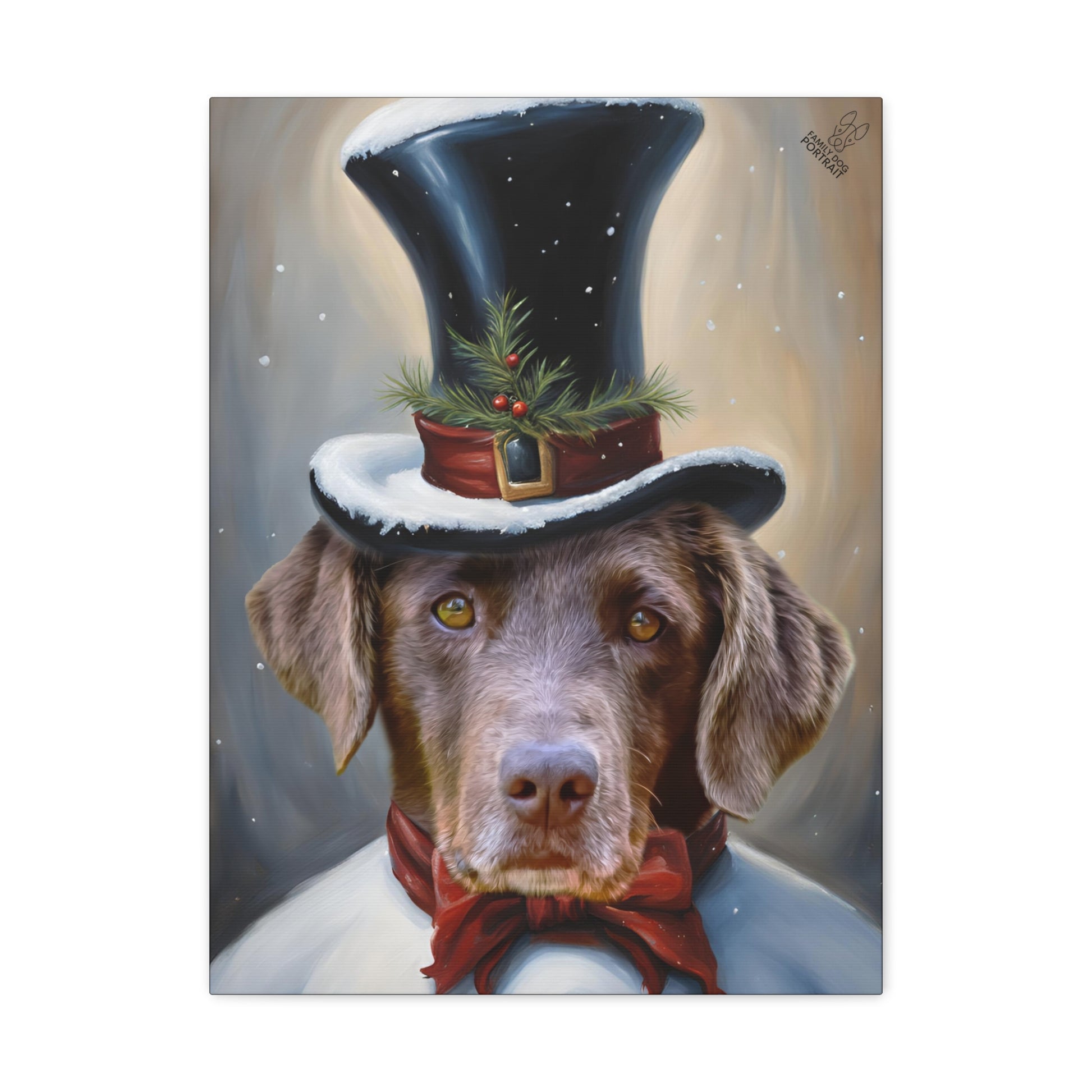 Dog wearing a festive top hat with snowflakes and holly leaves on a snowy background