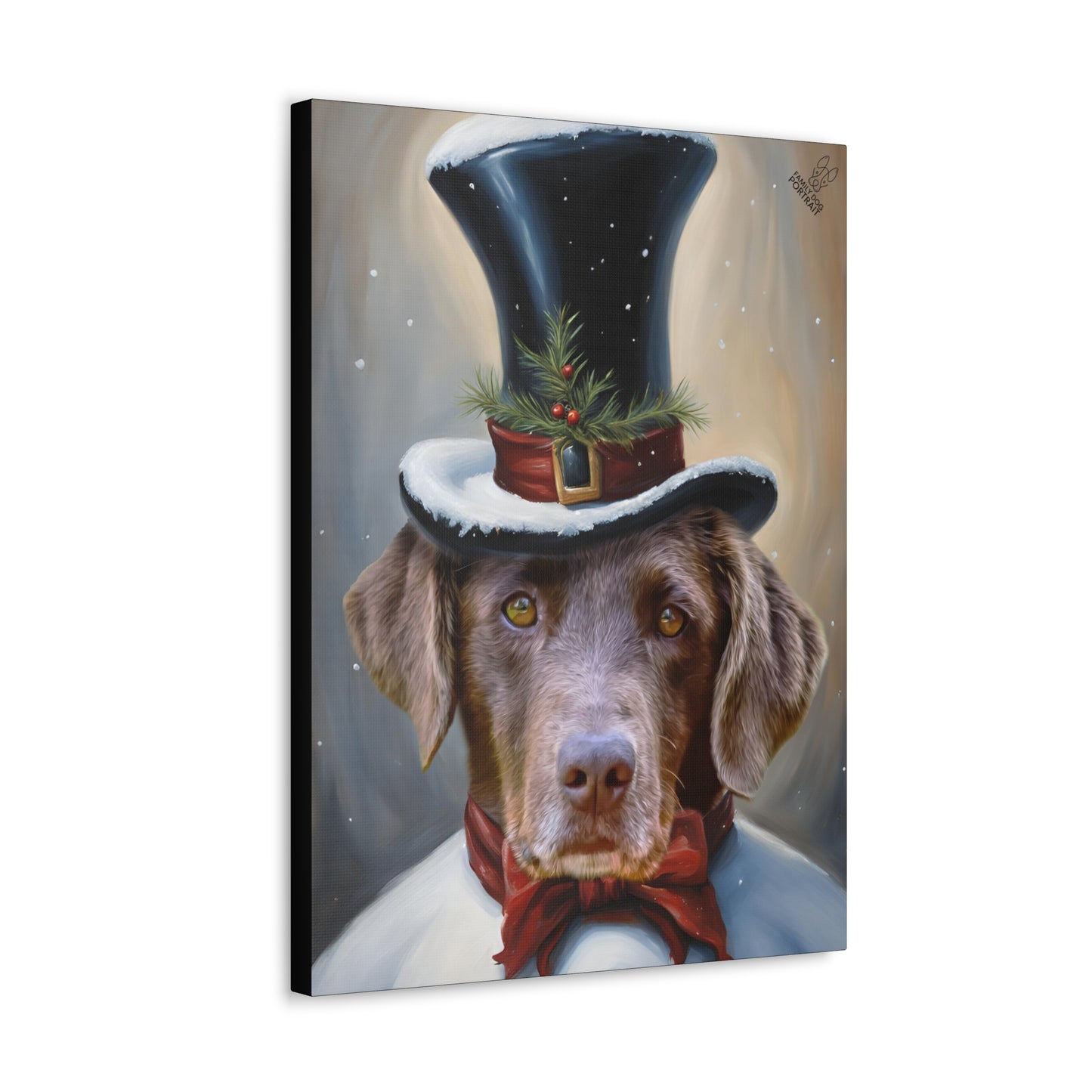 Canvas print of a dog wearing a festive top hat with a Christmas tree on a white background