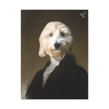 Artistic depiction of a dog with a formal outfit on a dark background