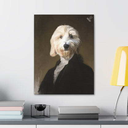 Framed portrait of a dog in formal attire on a wall above a desk with books and a lamp.