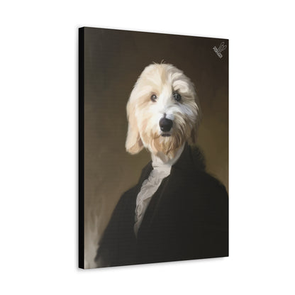 Canvas print of a dog with a formal outfit on a dark background