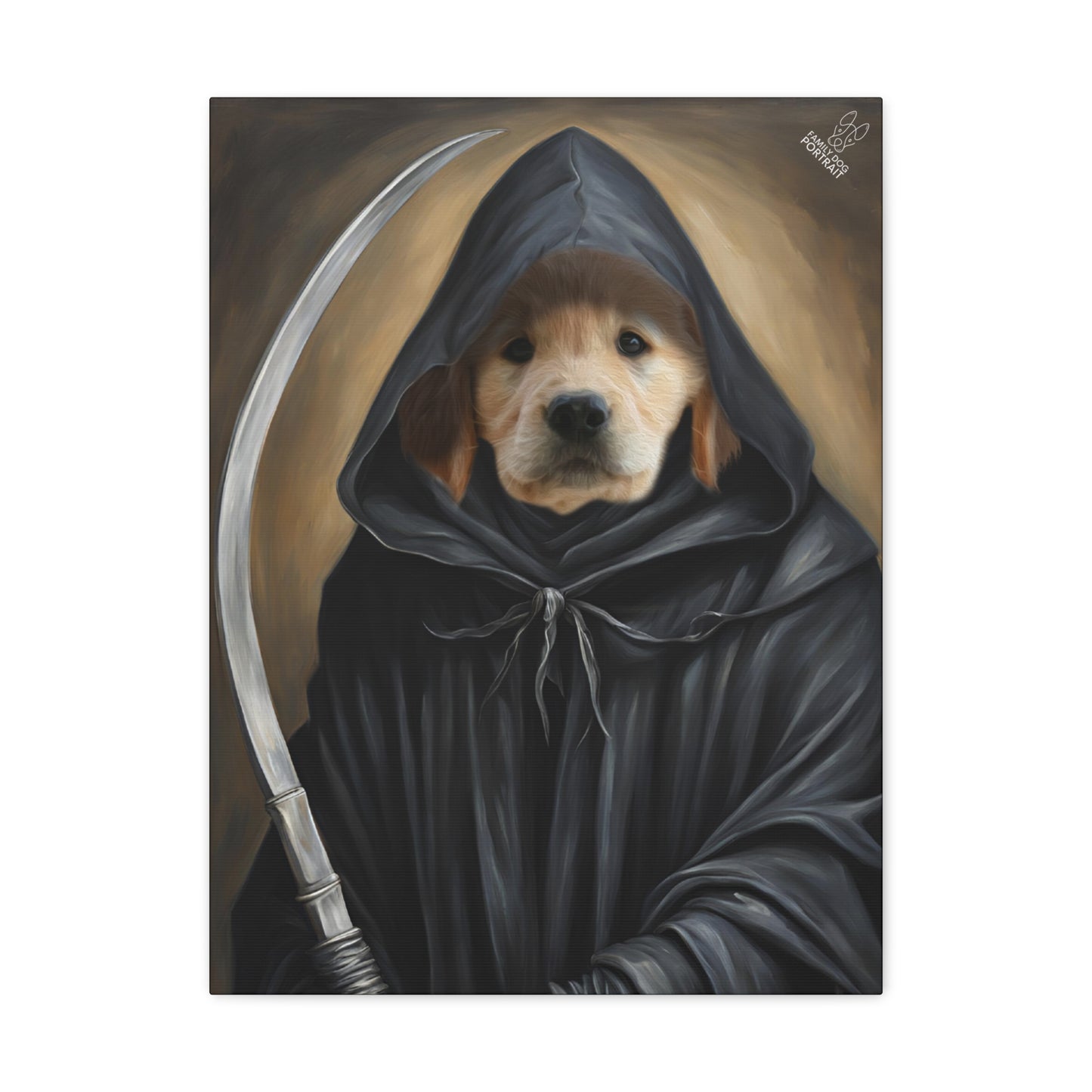 Dog in a hooded cloak with a sword, resembling the Grim Reaper, on a dark background.