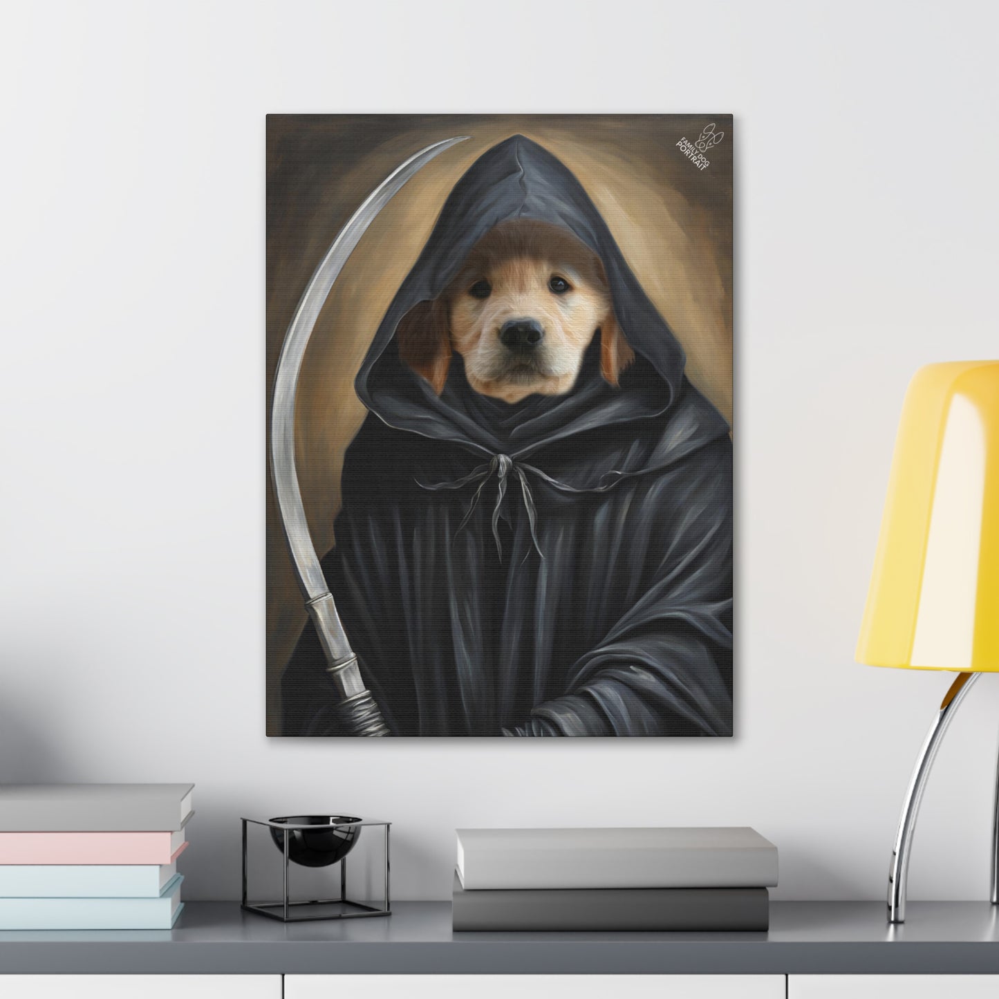 Framed artwork of a dog in a hood with a sword on a wall above a desk.