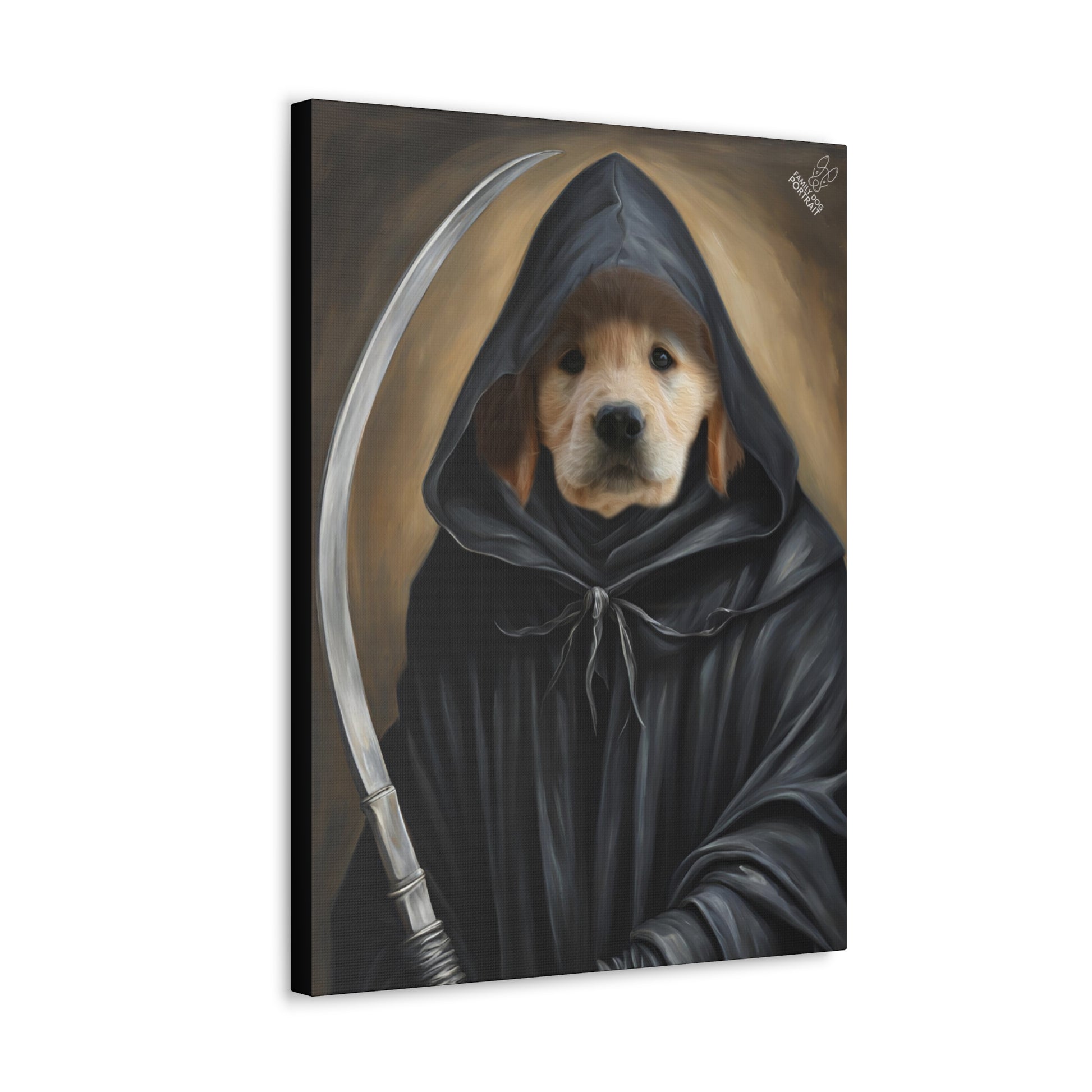 Canvas print of a dog in a hooded cloak with a sword, on a white background