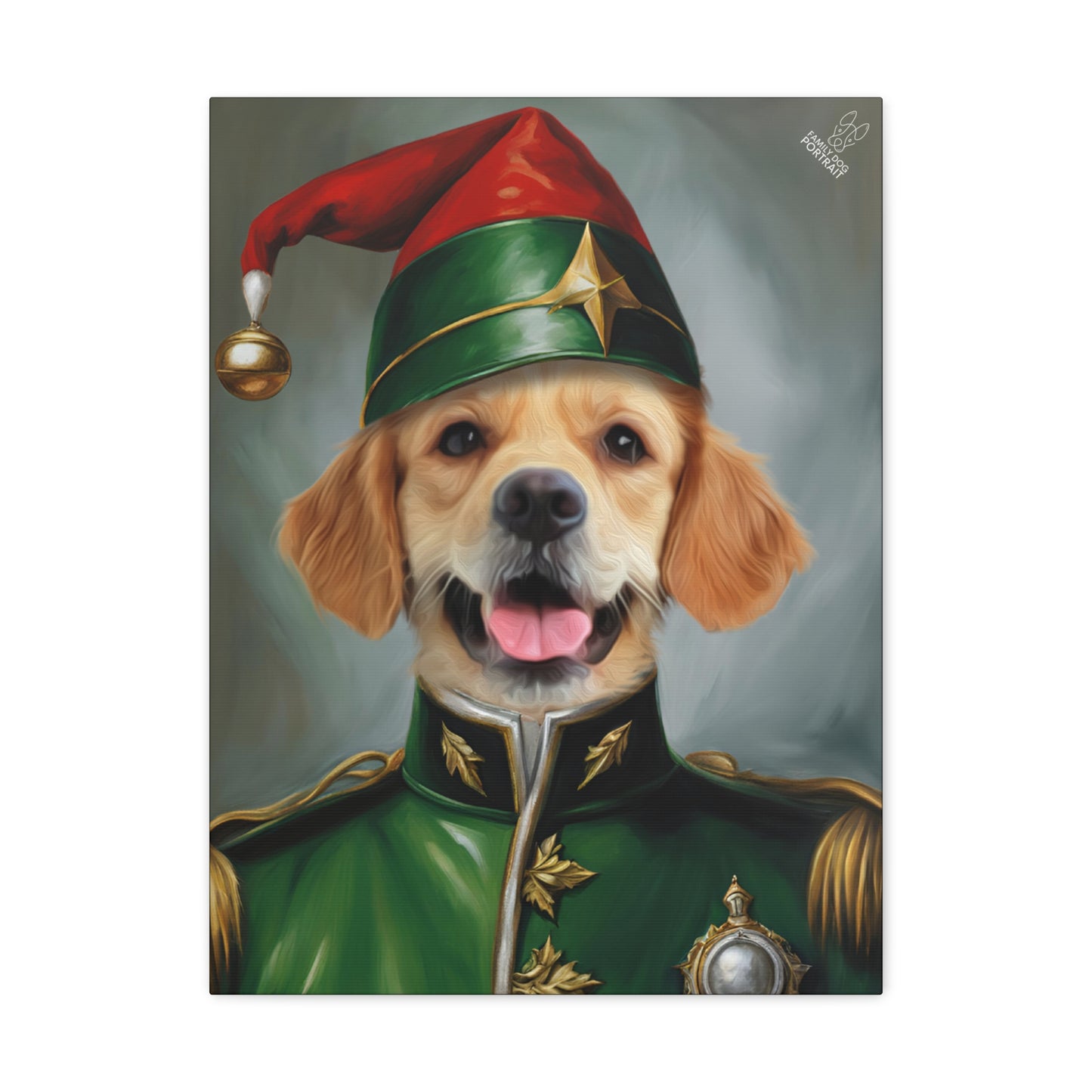 Painting of a dog in a green military uniform with a red hat on a gray background