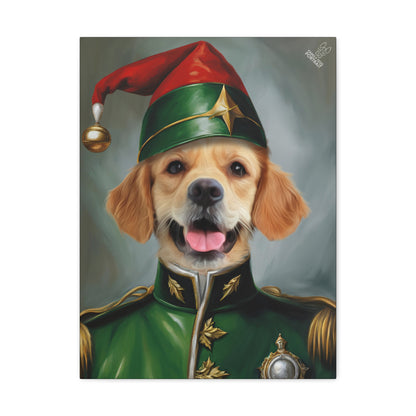 Painting of a dog in a green military uniform with a red hat on a gray background