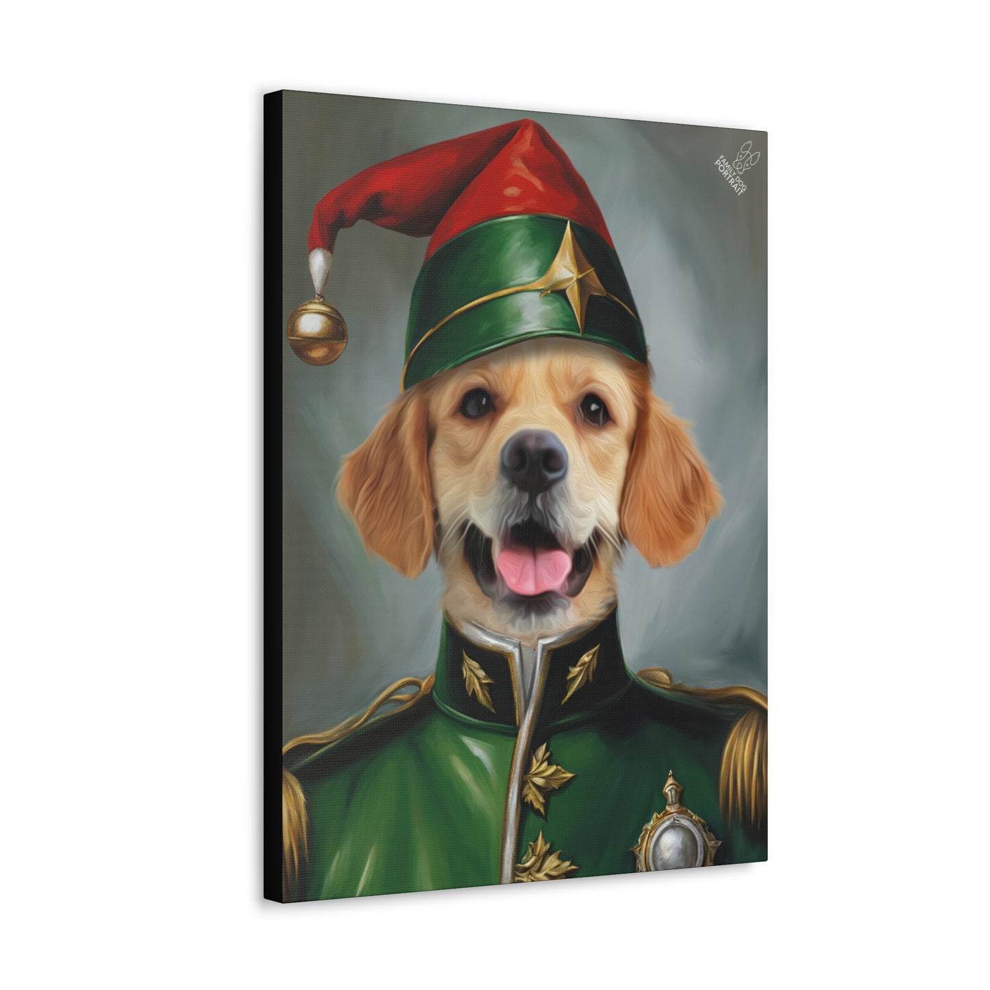 Canvas print of a dog wearing a festive elf hat with a gold bell on a white background.