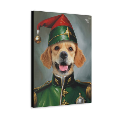 Canvas print of a dog wearing a festive elf hat with a gold bell on a white background.