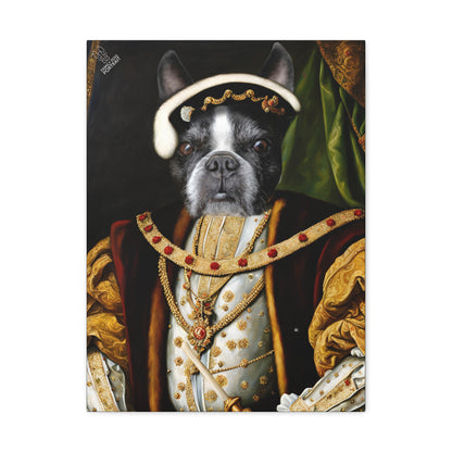 Dog in regal attire with gold and red decorations on a dark background