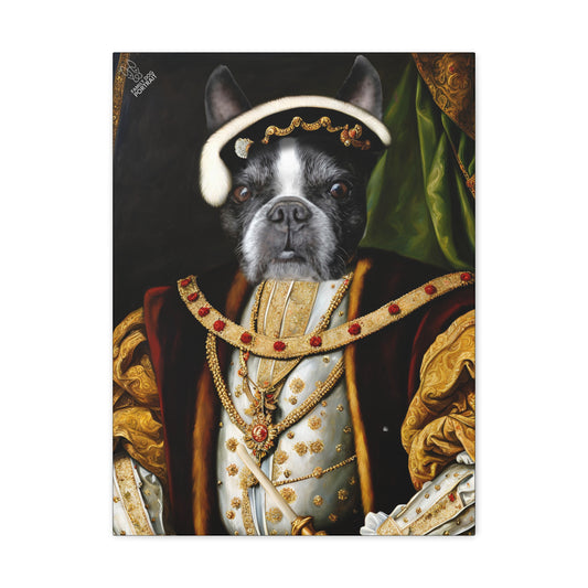 Dog in regal attire with gold and red decorations on a dark background