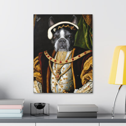 Canvas print of a dog in regal attire on a wall above a shelf.