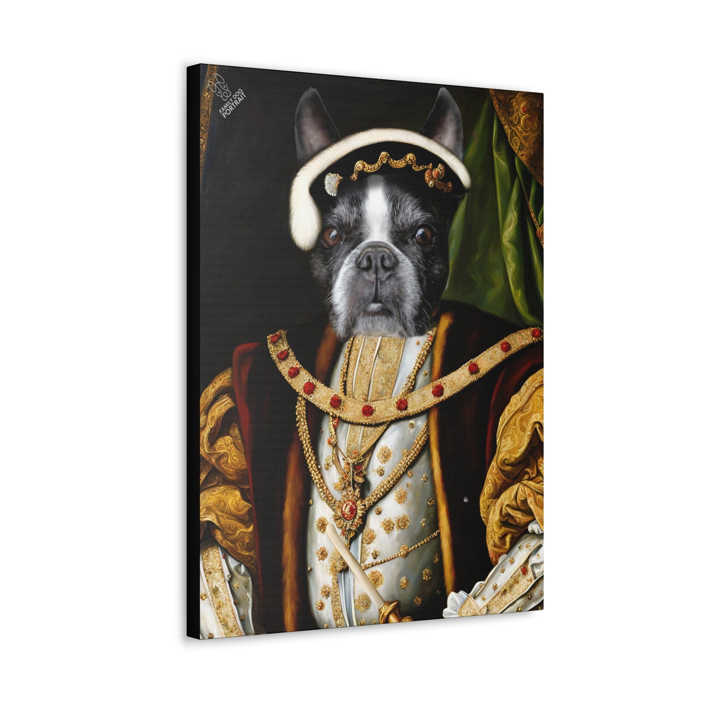 Canvas print of a dog dressed in regal attire with gold and red details on a white background.