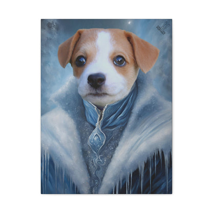 Dog in a fantasy coat with a snowy background