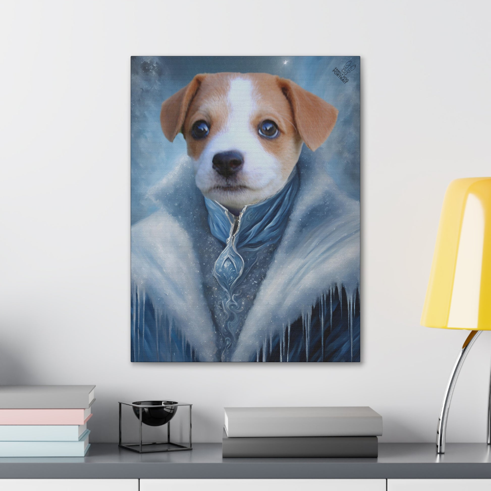 Framed artwork of a dog with a blue scarf on a wall above a desk.
