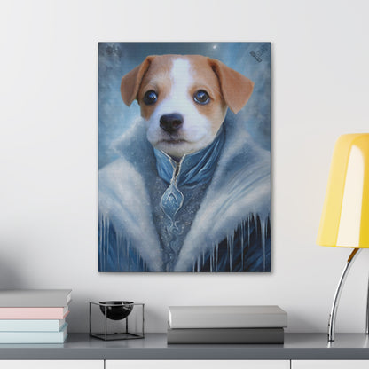 Framed artwork of a dog with a blue scarf on a wall above a desk.