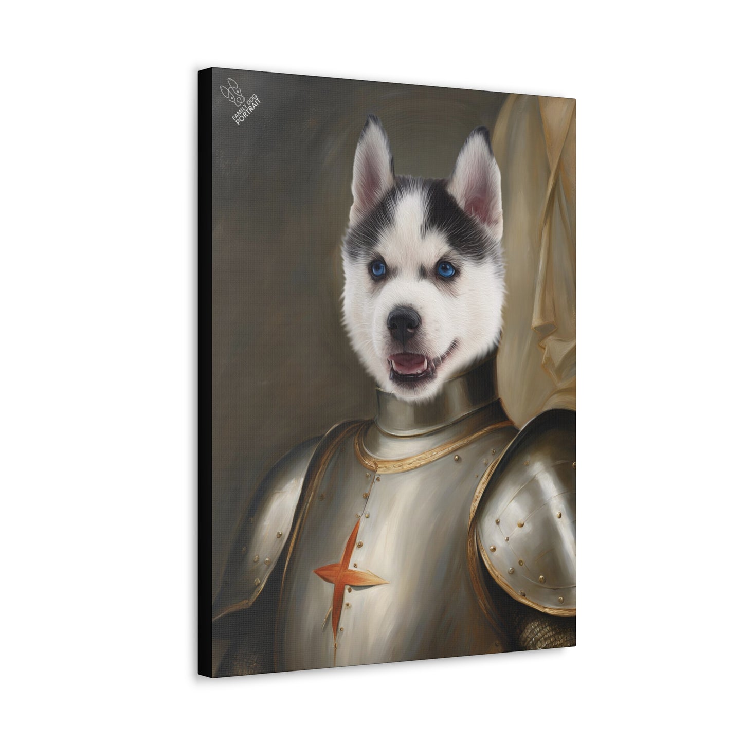 Canvas print of a husky dog in knight armor with a cross emblem.