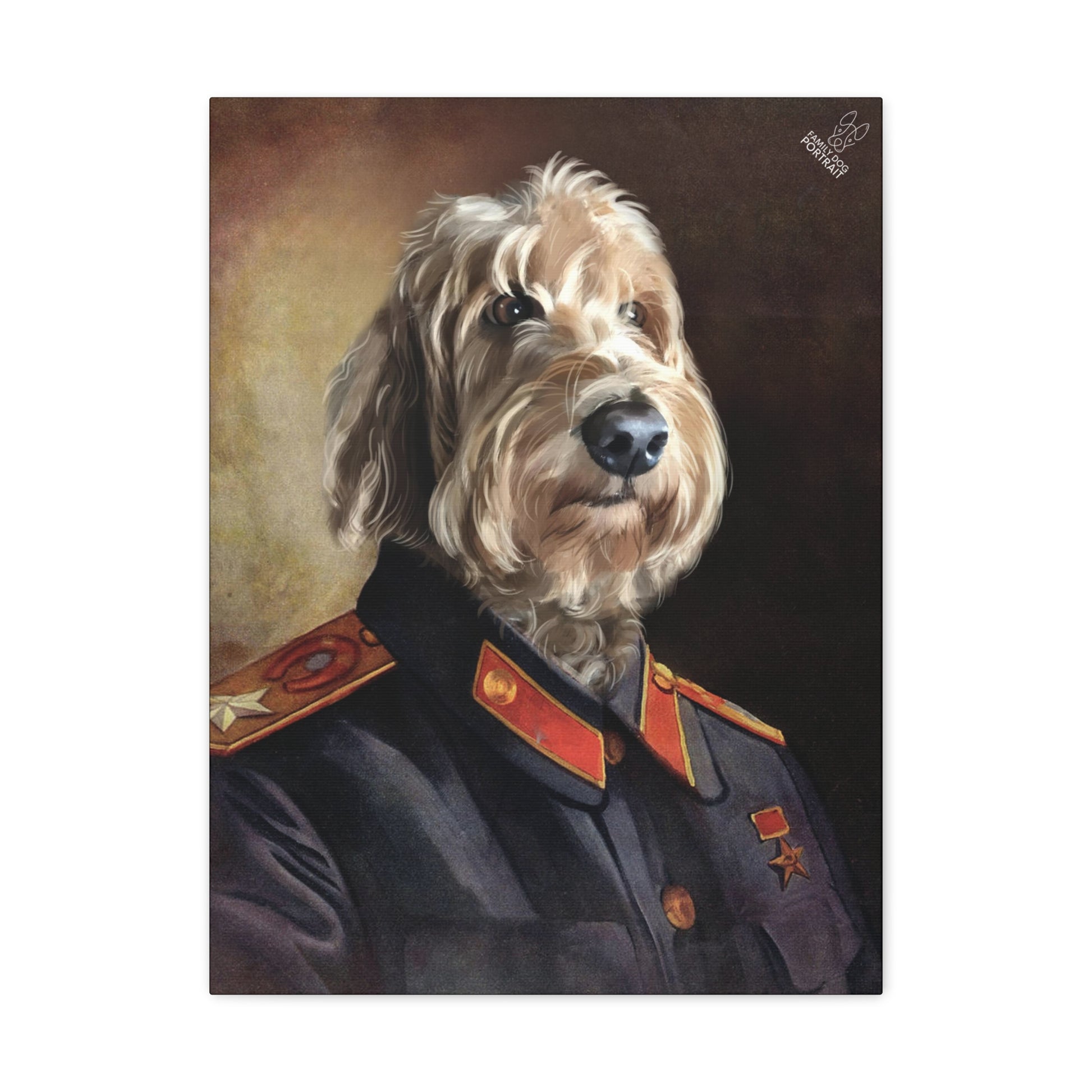 Painting of a dog in a military uniform with a dark background