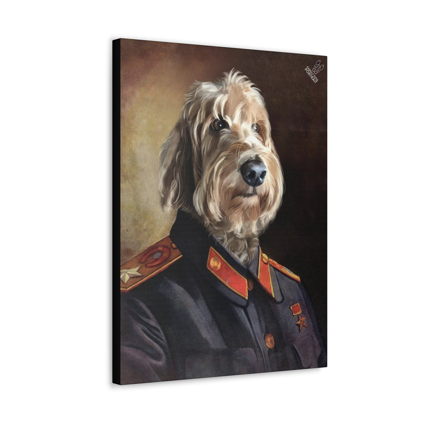 Canvas print of a dog in a military uniform on a white background