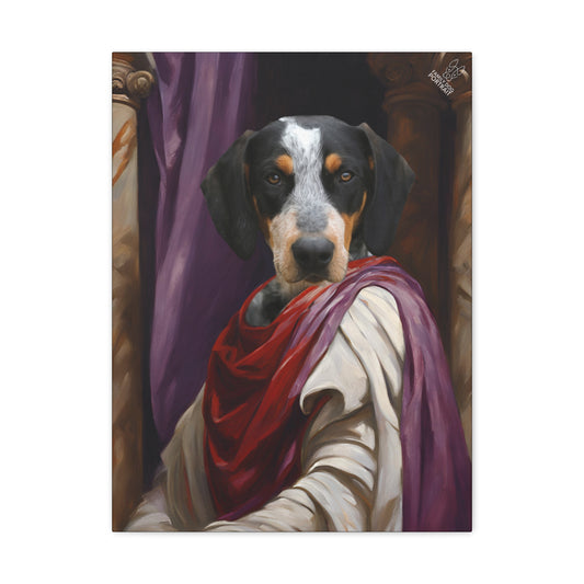 Dog with a red and purple cloth draped over its shoulders, resembling a classical painting style.