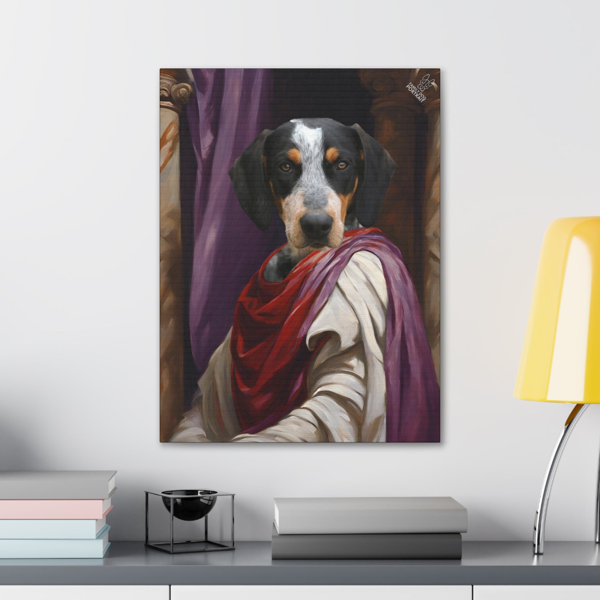 Framed portrait of a dog resembling a classical painting on a wall above a desk.