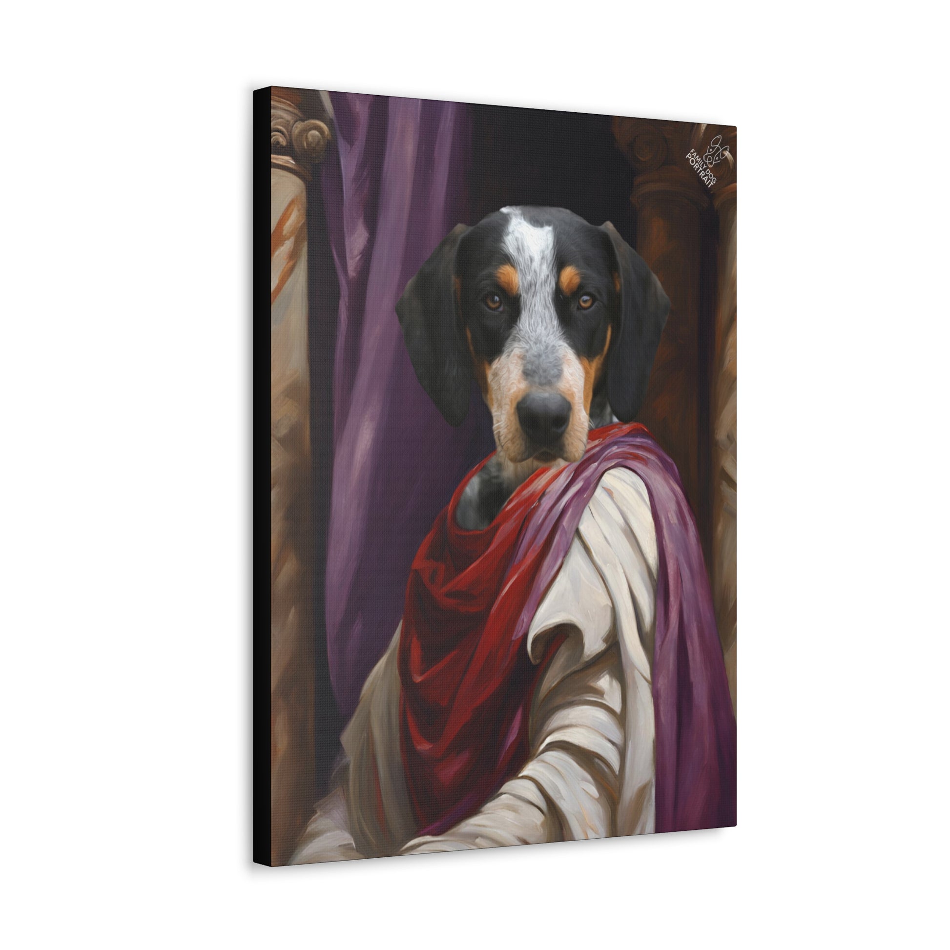 Canvas print of a dog with a regal pose, draped in purple and red robes.