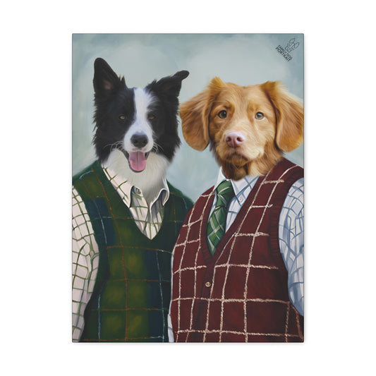 Two dogs, one black and white and one brown, wearing vests and shirts against a light blue background.