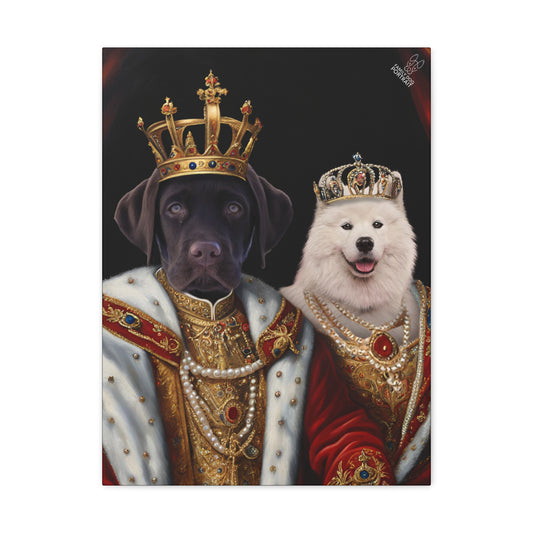 Two dogs, one black and one white, wearing royal costumes with crowns on a dark background.