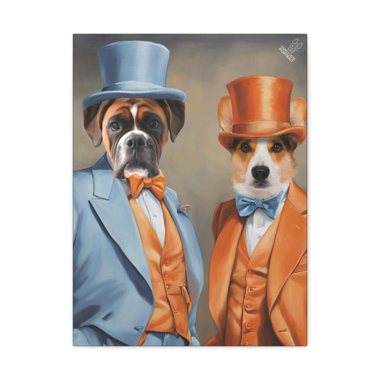 Two dogs in formal attire with top hats on a plain background
