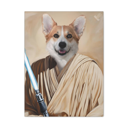Dog in Jedi costume holding a lightsaber on a beige background
